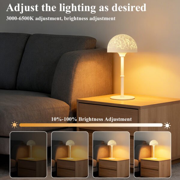 Mushroom Bedside Table Lamp – Cordless Rechargeable LED Night Light with Remote, Dimmable Warm White