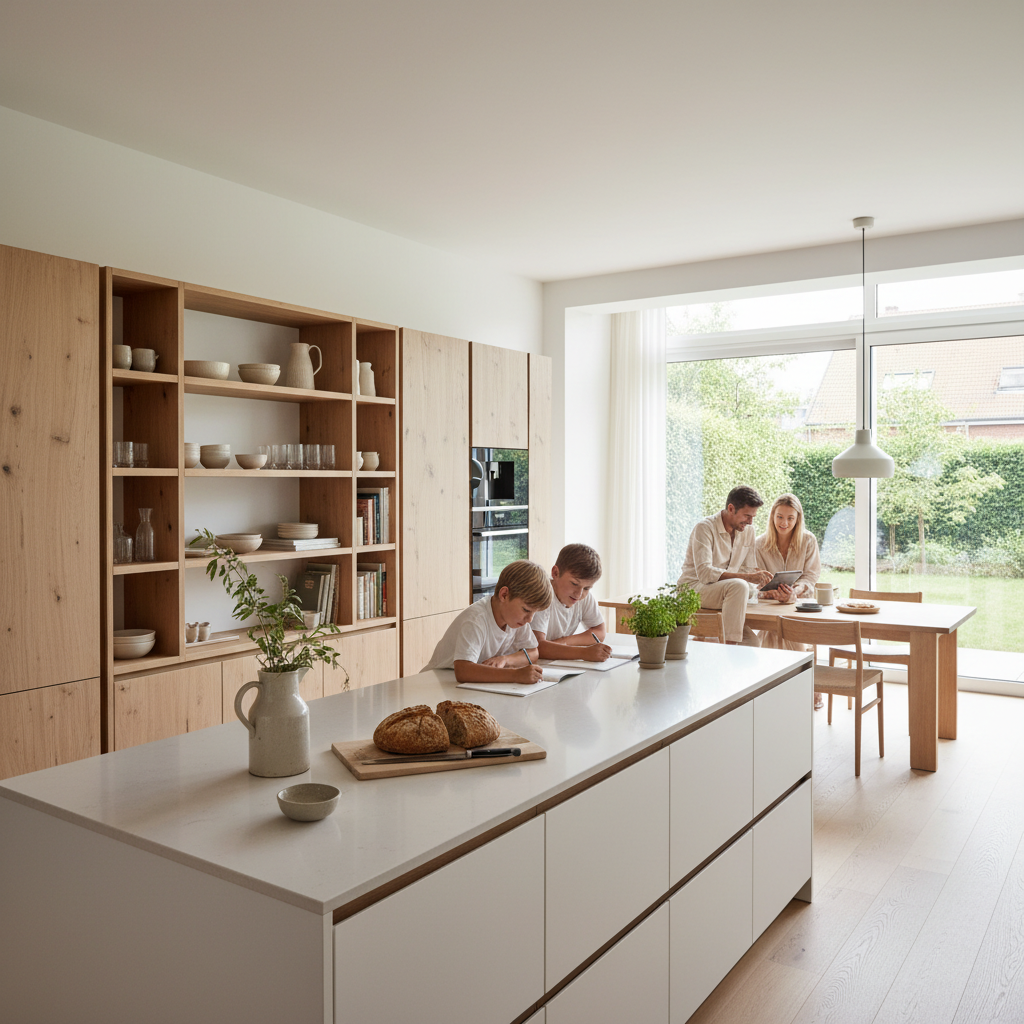Modern European family kitchen with open shelves, representing Zestroma everyday kitchen space.