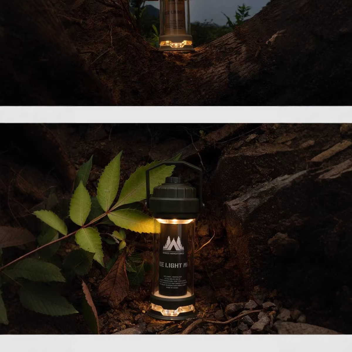 solar rechargeable camping lantern on tent camping table