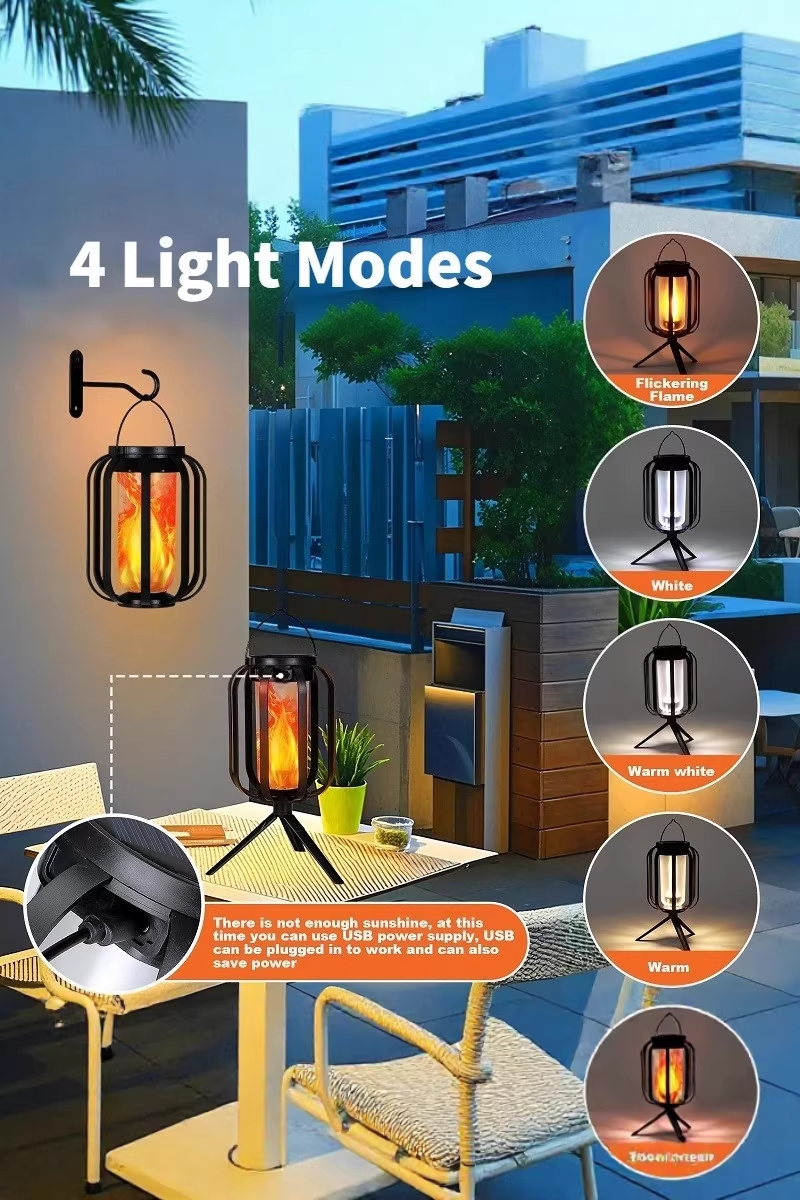 Solar flame lantern with USB-C recharge on backyard patio
