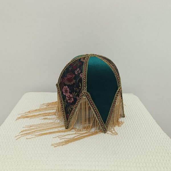 Vintage Pagoda Fringe Lampshade – Fabric Pendant Light Replacement (10cm Fitter) – Retro Green & Yellow Scalloped Shade