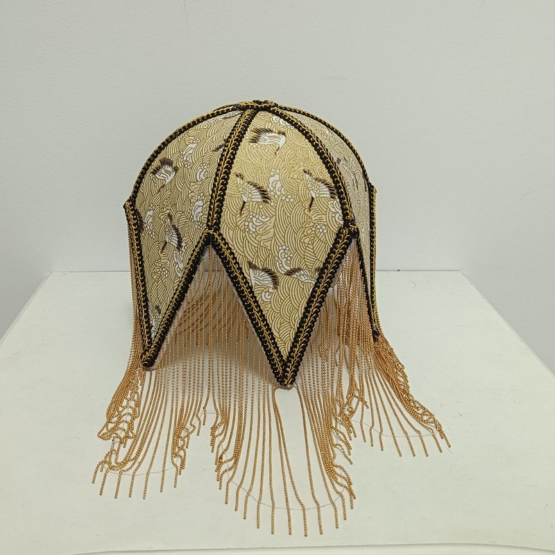 Vintage Pagoda Fringe Lampshade – Fabric Pendant Light Replacement (10cm Fitter) – Retro Green & Yellow Scalloped Shade-02