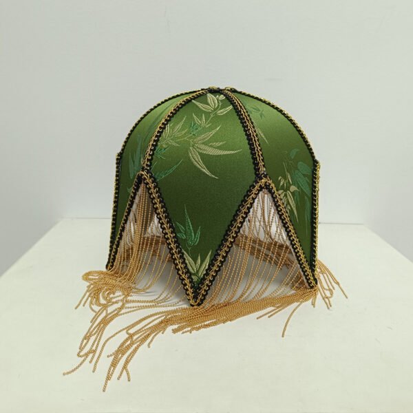 Vintage Pagoda Fringe Lampshade – Fabric Pendant Light Replacement (10cm Fitter) – Retro Green & Yellow Scalloped Shade-03