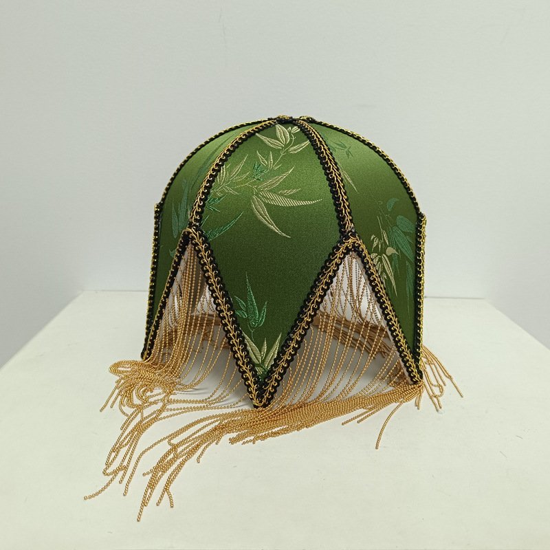 Vintage Pagoda Fringe Lampshade – Fabric Pendant Light Replacement (10cm Fitter) – Retro Green & Yellow Scalloped Shade-03