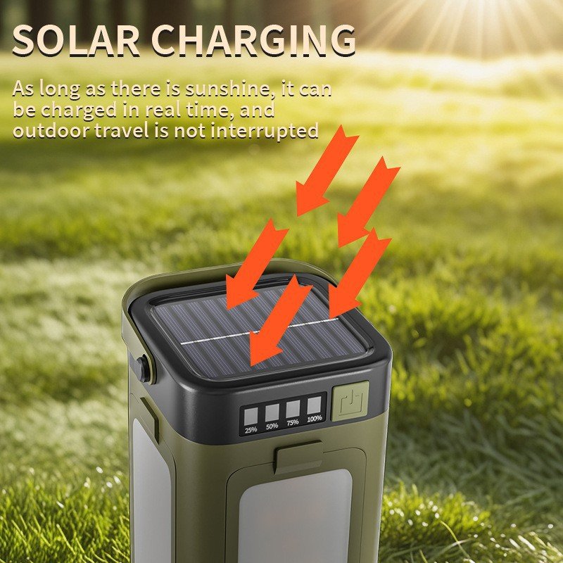 solar lantern with power bank output charging a phone at campsite