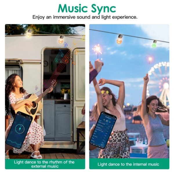 App controlled color changing hanging bulbs set to vibrant colors for a backyard party