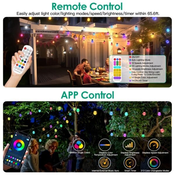 Dimmable LED backyard party lights pulsing in sync with music during an outdoor event