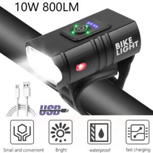 Packaging list showing the bicycle headlight and USB cable