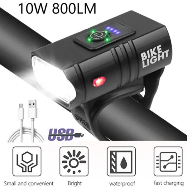 Packaging list showing the bicycle headlight and USB cable