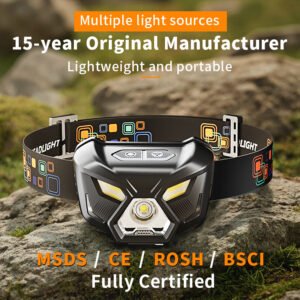 IPX6 waterproof outdoor headlight tested in heavy rain conditions