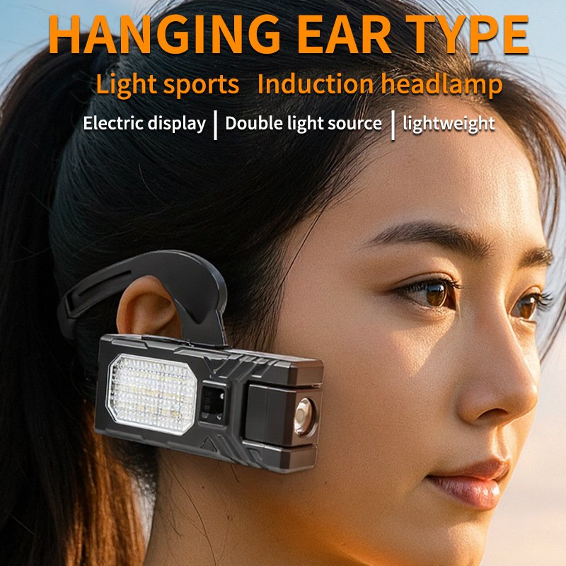 Detachable LED headlight being worn with the ergonomic ear-hook attachment