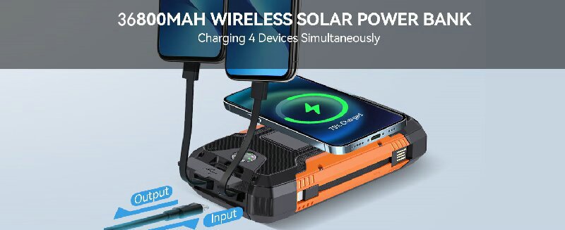  solar power bank with built‑in cables multi‑output