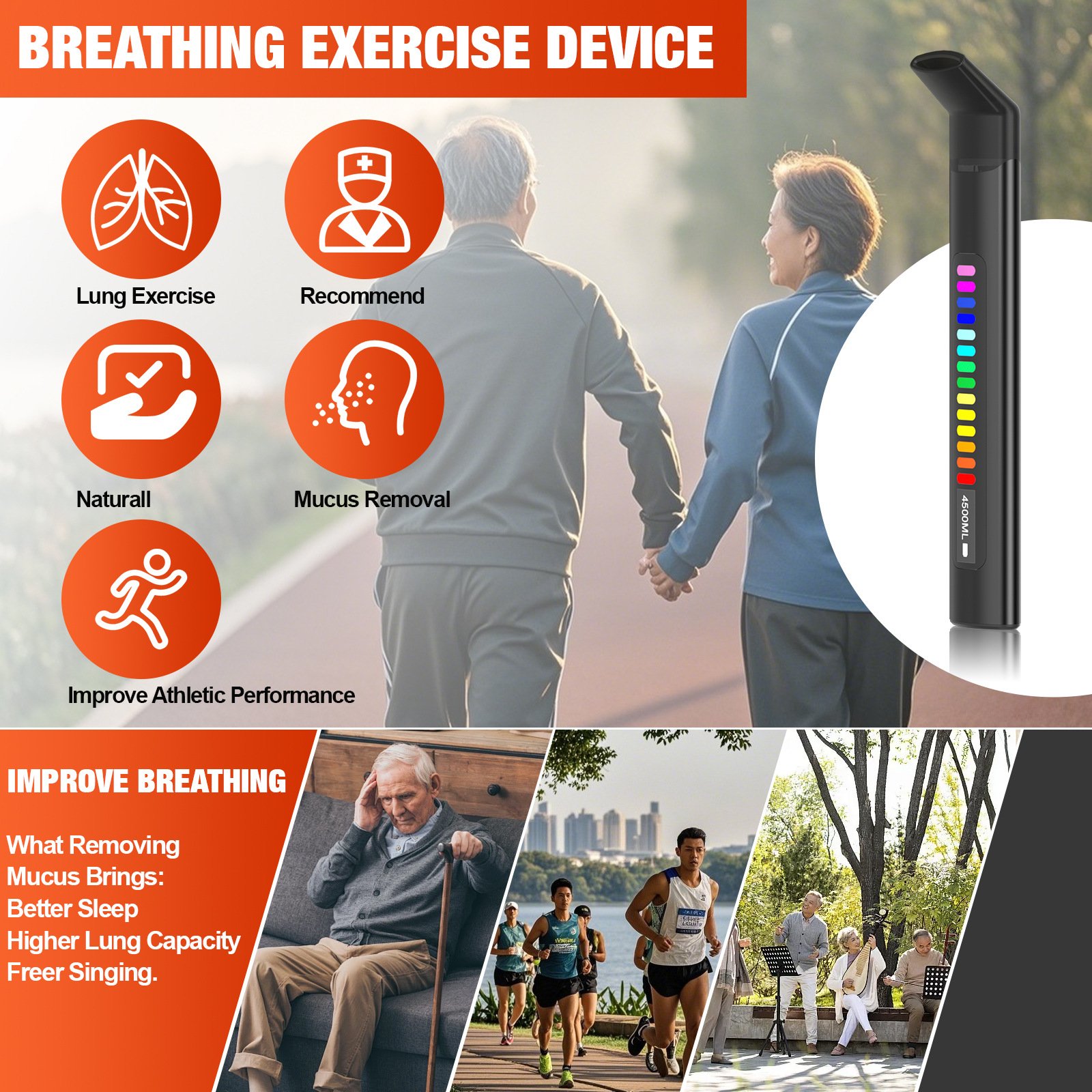 Silicone mouthpiece breathing trainer close‑up, comfort seal