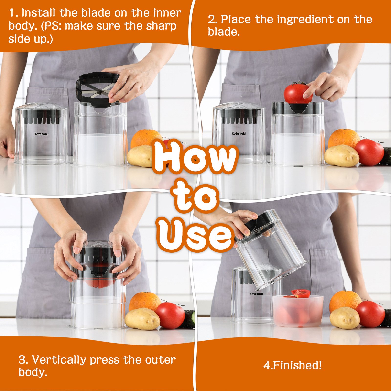 Handheld onion chopper close‑up, even dice and sticks