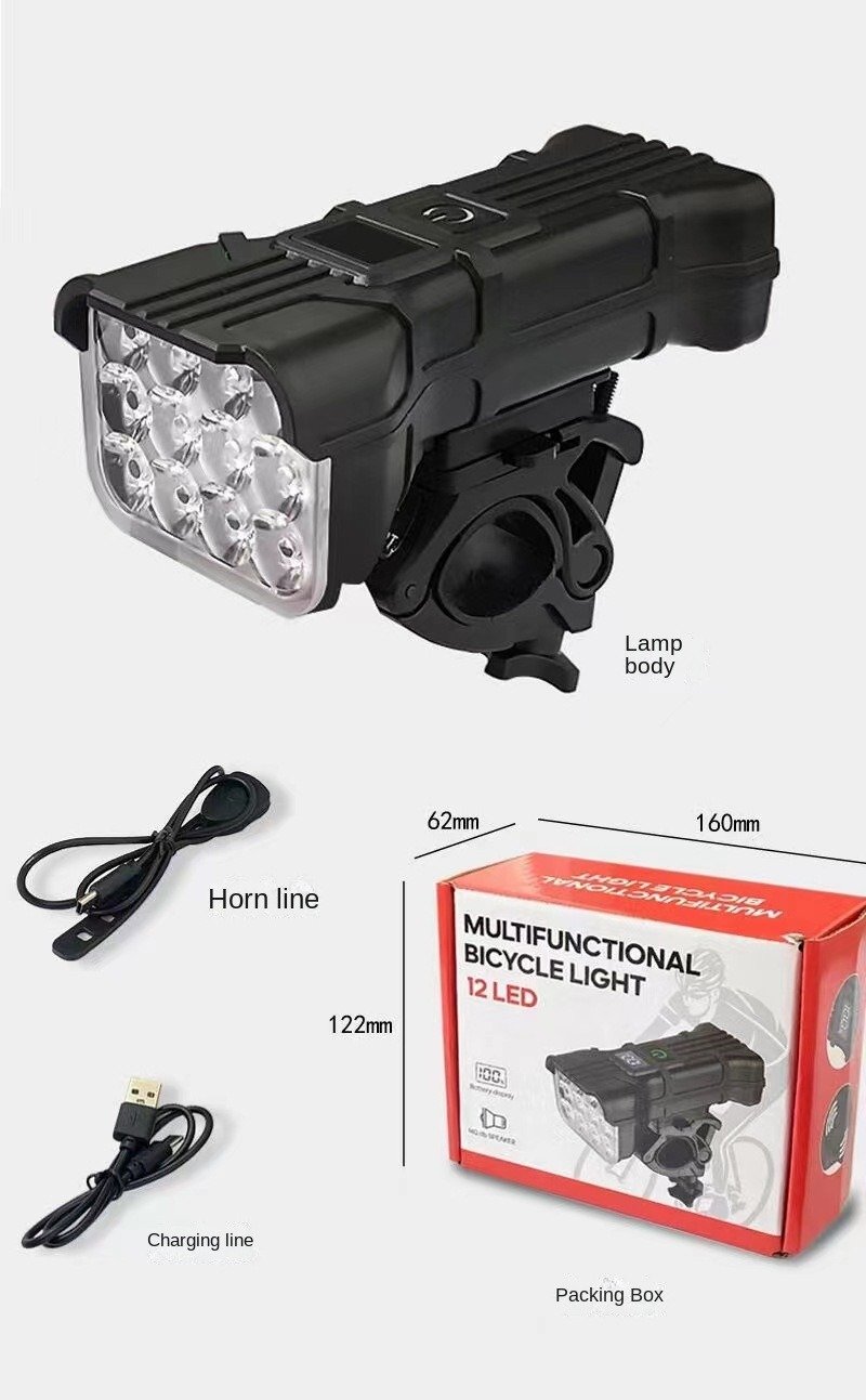 12-LED Bike Horn Light: USB Front Light with Digital Display for Mountain Biking, Night Cycling, Off-Road Visibility 12